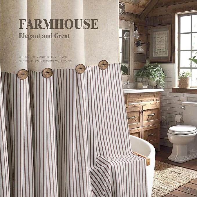 Awellife Farmhouse Beige Shower Curtain Button Linen Textured Woven Fabric,Pleated Beige Stripe,Country Style,72x72 Inch