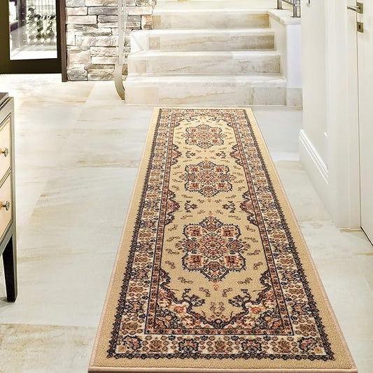 Antep Rugs Alfombras Oriental Traditional 2x10 Non-Skid (Non-Slip) Low Profile Pile Rubber Backing Indoor Runner Rugs (Beige, 2' x 10')