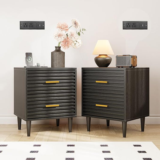 Alohappy Night Stand with Charging Station Set of 2, Bedside Table with 2 Drawers, Mid Century Modern End Table, Bed Side Table with USB Ports and Outlets, Nightstand for Bedroom, Black 2pcs