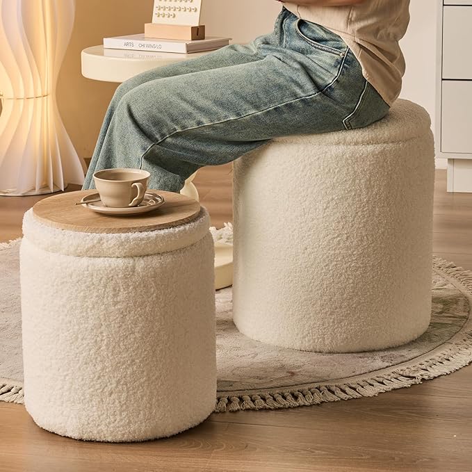 Round Ottoman with Storage Set of 2-Upholstered Sherpa Vanity Stool for Makeup Multifunctional Ottomans Coffee Table Padded Seat Foot Rest for Living Room&Bedroom(Sherpa White)