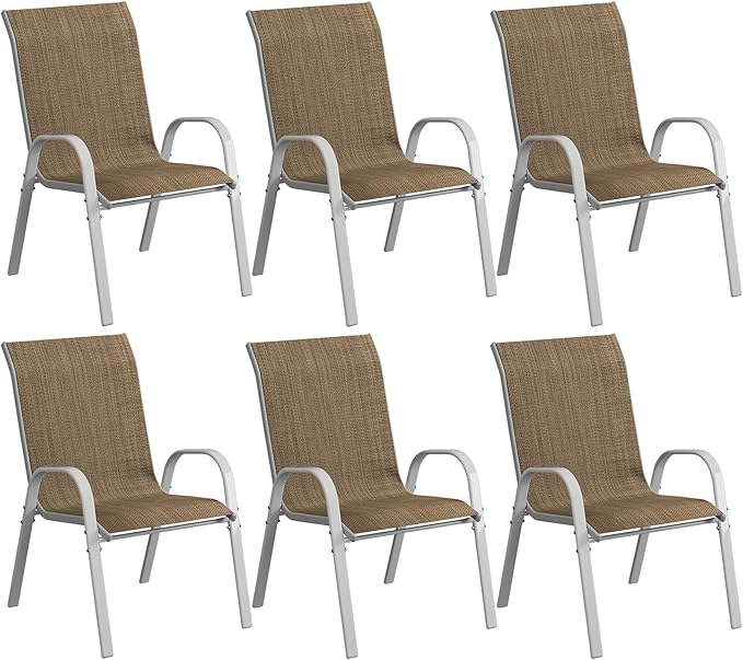 Amopatio Patio Chairs Set of 6, Stackable Dining Chairs for All Weather, Silver Outdoor Chairs Garden Outdoor Furniture for Backyard Deck, Brown