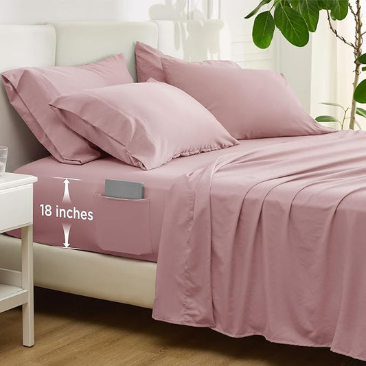 Bedsure Deep Pocket Queen Sheets - 6 Piece, Prewashed Ultra-Soft Queen Sheet Set, Fits Mattresses Up to 18 Inches Thick, Breathable & Secure Fit, Hotel Luxury Bedding, Light Pink