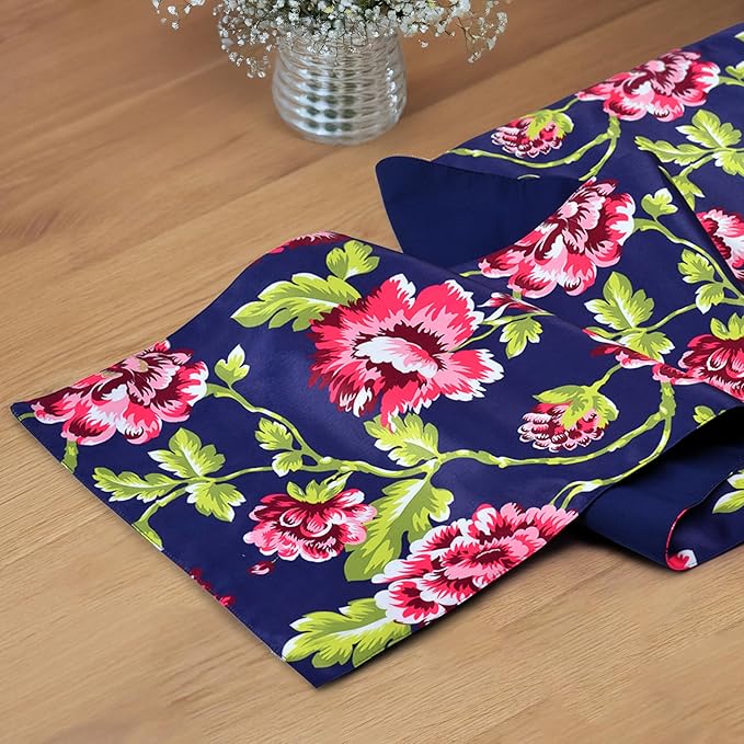 Decozen Table Runner - Japanese Print Floral Design Perfect for Kitchen Dining Room Home Decor Console Table Farmhouse - Navy Blue