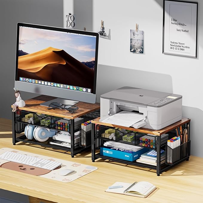 Marbrasse Wood Printer Stand for Desk, 2-Tier Desktop Printer Table for Home Office, Printer Stand with Storage Drawer 2 Pen Holders, Multi-Purpose Desk Organizer for Fax Machine Scanner(Wood Brown)