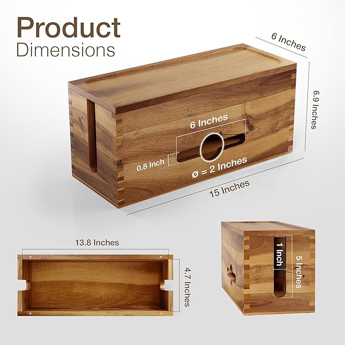 Acacia Large Cable Management Box - 15" L Cord Box Hider Power Strip Box for Power Strip Organizer - Cable Hider Box, Surge Protector Box to Hide Cords - Wire Box Hider for Desk Organization