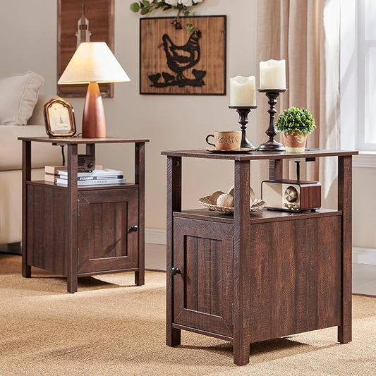 Farmhouse Nightstand Set of 2, End Table with Charging Station, Rustic Side Table w/Barn Door & Open Shelves, Bedside Table w/Storage Space and Storage Cabinet for Bedroom, Living Room (Brown)