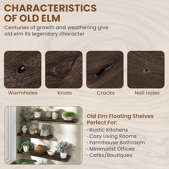 Solid Elm Wood Floating Shelves, 36 Inch Wood Floating Shelves for Wall, Live Edge Wooden Shelves Wall Mounted for Books, Bathroom, Kitchen, Walnut Color, Set of 2