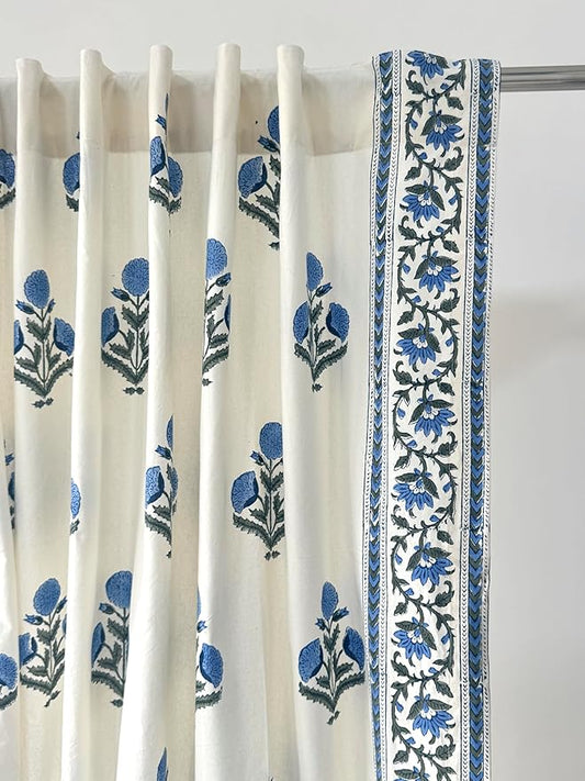 ATOSII 100% Cotton Single Panel Block Print Curtain, Easy Hanging with Rod Pocket & Loop, Living Room, Dining Room, Bedroom Light Filtering Boho Curtains, Set of 1, 60" W X 108" L, Flora Blue Poppy