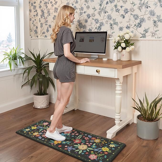 GENIMO Kitchen Mats for Floor 2PCS, Cushioned Kitchen Rugs Non Slip Washable, Farmhouse Anti Fatigue Mat Waterproof, Comfort Standing Mat Rug for Office, Home, Laundry, 17.3"x47"+17.3"x30", Black