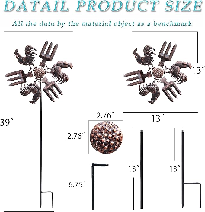 39" Rooster Wind Spinner Garden Stake-Farm Outdoor Metal Stake Yard Spinners-Wind Sculpture Yard Art Decorations for Patio,Lawn & Garden