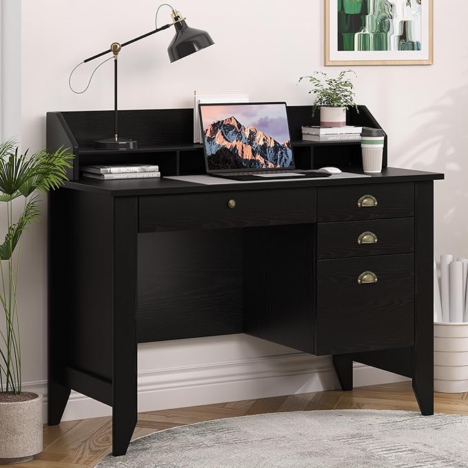 4 EVER WINNER Black Desk with Drawers, Office Desk with File Drawer and Monitor Stand, Computer Desk with Storage for Small Spaces, Bedroom, Black