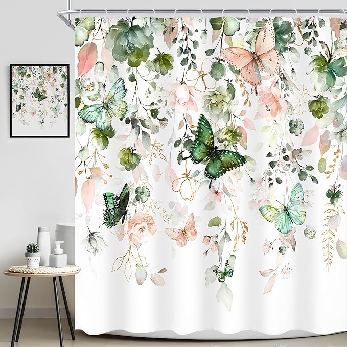 Green Pink Floral Butterfly Shower Curtain 72Wx72L Inch Spring Summer Plant Natural Gold Green Leaves Botanic Bathroom Set Woman Girl Elegant Country Bath Curtain Bathtub Accessories Home Decor