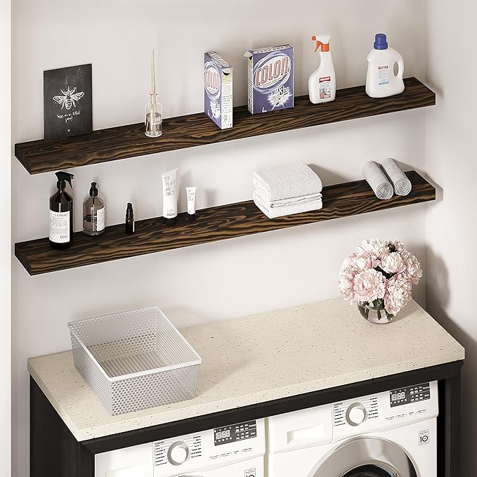 60'' Pine Wood Floating Shelf for Wall - Rustic Wall Mounted Wooden Shelf for Stylish Home Décor, Fireplace Mantel 60inch (Dark Brown, 60x8x2) - 1pcs