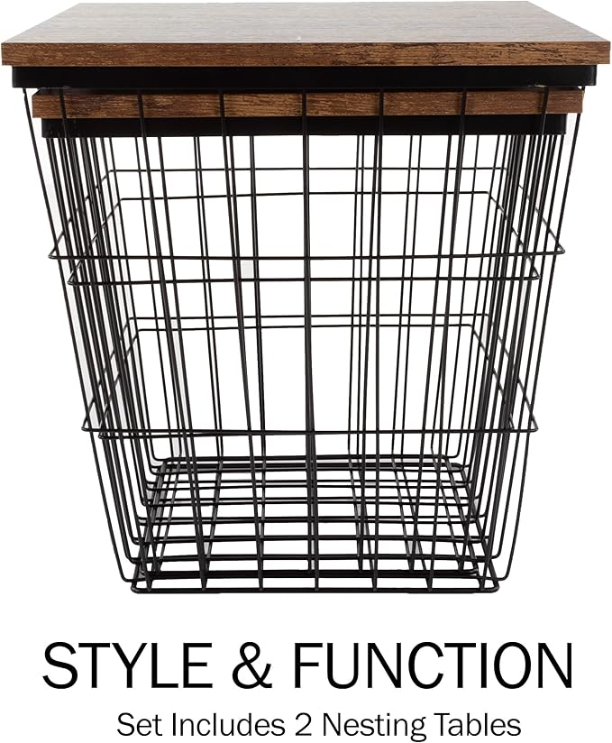 End Tables Set of 2 - Nesting Tables with Removable Wood Tops and Metal Basket Bases for Blanket Storage - Square Side Furniture for Living Room, Bedroom, or Home Office by Lavish Home (Brown)
