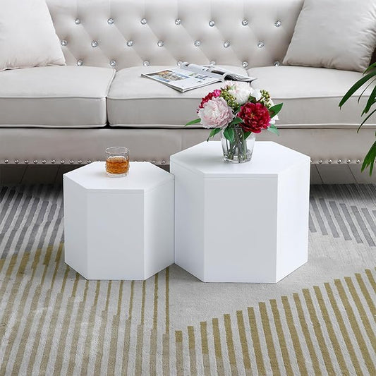 Nesting Coffee Table Set of 2, Wood Round Coffee Table, Modern Hexagon Coffee Table for Small Space Living Room, White