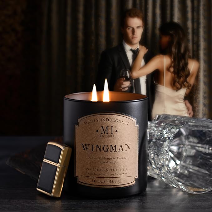Manly Indulgence Wingman Scented Candles for Men, 2 Wick, 16.5 oz, Premium Soy Blend Wax, 60H Burn, Candles for Home Scented - Made in The USA