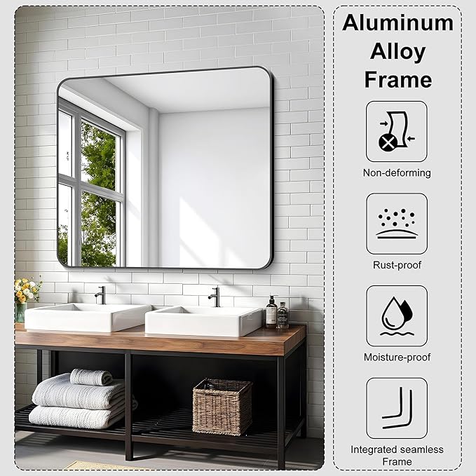 KOCUUY Bathroom Mirror 36"x40", Black Rectangle Mirrors for Wall, Large Metal Framed Vanity Mirror with Rounded Corner for Bedroom Living Room and Entryways Hangs Horizontal/Vertical