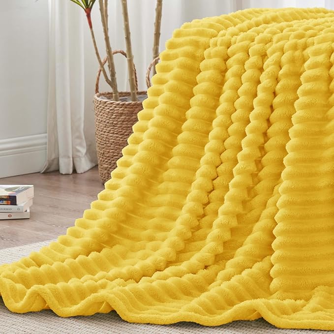 BEDELITE Fleece Throw Blanket for Couch - 300GSM Soft & Warm Fluffy Yellow Blanket, Decorative and Giftable Striped Blankets for Women, Men, 50"x60"