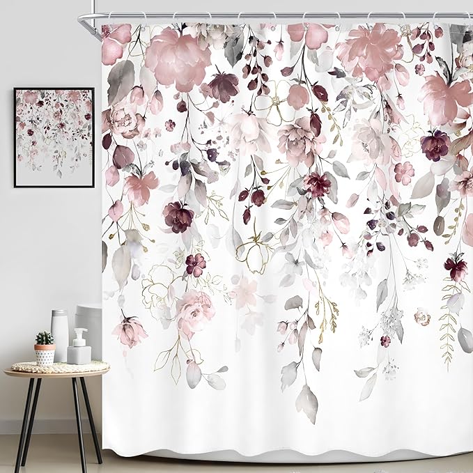 Floral Flower Shower Curtain 72Wx72L Inch Grey Pink Floral Blossom Leaves Girls Watercolor Eucalyptus Botanical Wildflower Plant Bathroom Set Rustic Bath Curtain Bathtub Accessories Home Decor