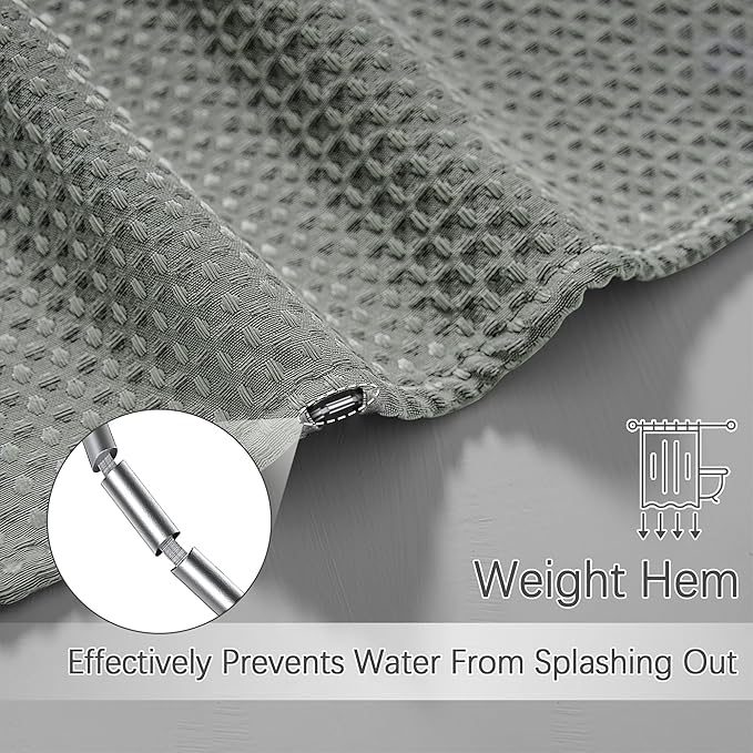 Shower Curtain Gray Waterproof Waffle Weave Fabric, 256GSM Heavy Duty Thick Shower Curtain Set for Bathroom, Hotel Spa Luxury Modern Shower Curtains with 12 Metal Hooks, 72Wx80H Grey