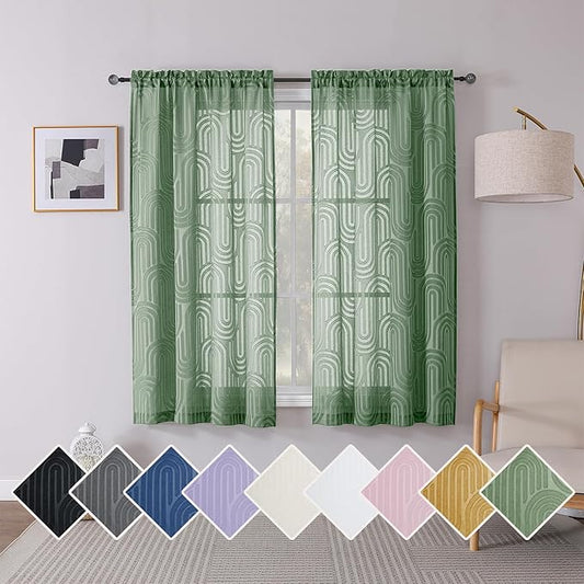 Simplebrand Sage Green Sheer Curtains 63 Inch Length 2 Panels, Light Filtering Semi Sheer Curtains for Bedroom, Geometric Jacquard Clip Textured Window Semi Sheer Curtains Drapes, 42Wx63L Inches