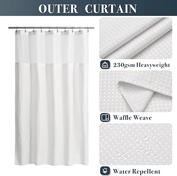 N&Y HOME 60 Inch Waffle Weave Shower Curtain with Snap-in Fabric Liner & 12 Metal Hooks Set - 60" x 72" Shower Stall Size, Hotel Style & Mesh Top Window, Machine Washable - White, 60x72