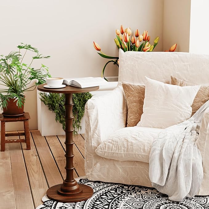 Round Side Table, Modern Drink Table for Small Spaces, Slim End Table with Solid Wood Leg for Living Room, Bedroom, Corners, and Office (Walnut Brown)