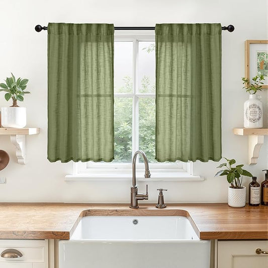 YoungsTex Olive Green Linen Sink Curtains 40 Inch Length for Kitchen Window - Short Light Filtering Drapes Semi Sheer with Back Tab Rod Pocket for Bathroom Cafe Window, 2 Panels, 34 X 40 Inch