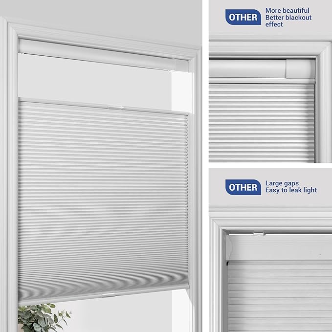 No Drill No Tools Cellular Shades Top Down Bottom Up Blackout Blinds for Windows Cordless Honeycomb Window Shades Easy to Install for Home, Blackout-White, 22" W x 64" H