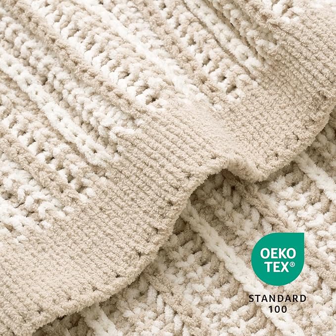 Amélie Home Striped Knit Throw Blanket for Couch, Dual-Sided Soft Chenille Decorative Blankets for Sofa & Chair, 50"x60", Khaki & White