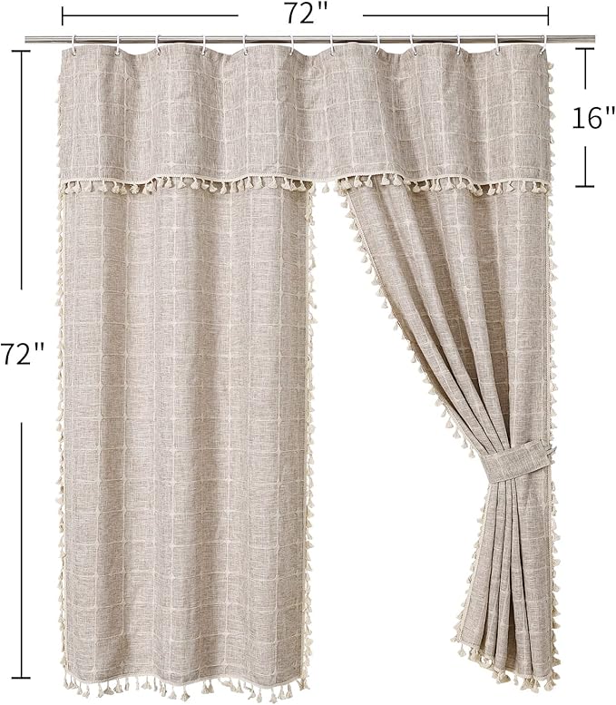 MitoVilla Tan Boho Double Swag Shower Curtain, Polyester Linen Fabric Shower Curtains for Farmhouse Bathroom Decor, Brown Cloth Shower Curtain Set with Hooks, 72 x 72