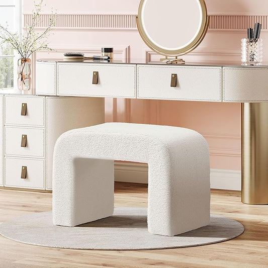 Tribesigns White Vanity Stool, Arched Foot Rest for Couch, Large Foot Stool Ottoman, Modern Extra Seating for Living Room, Shoe Bench for Entryway, Dressing Chair for Bedroom, Fully Assembly