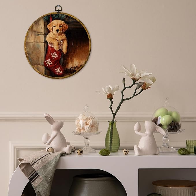 QZQE Vintage Christmas Golden Retriever Round Wall Art Decor Framed, Christmas Dog Circle Canvas Prints, Moody Winter Xmas Dog Stocking Circular Wall Hanging Decor for Home Bedroom, 10x10 Inch