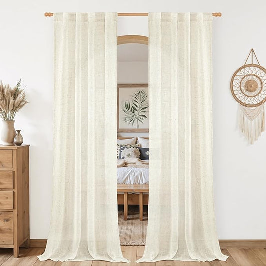 LAMIT Natural Linen Boho Curtains 80 inch Length 2 Panels, Cream Ivory Light Filtering Semi Sheer Panels Back Tab and Rod Pocket Neutral Drapes for Bedroom/Living Room, 34 x 80 Inch