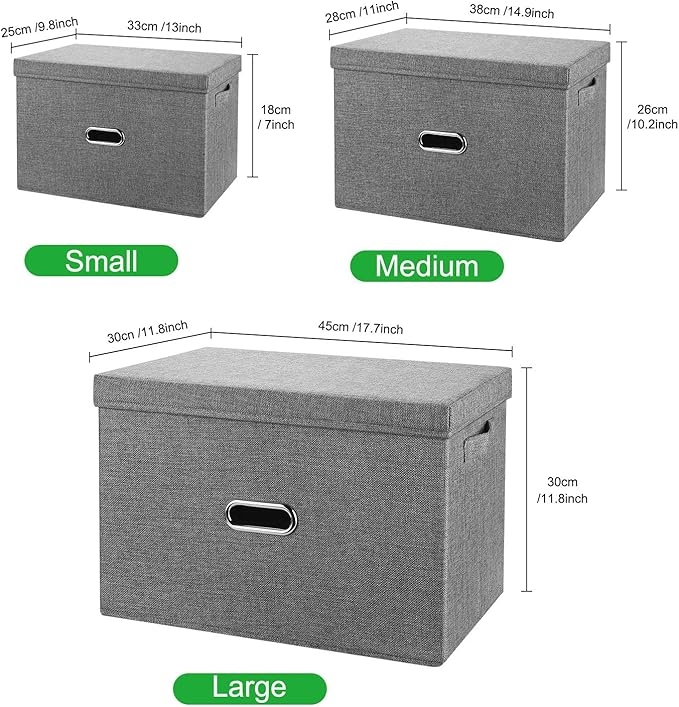 Large Linen Collapsible Storage Bins with Removable Lids and Handles, Washable Storage Box Containers Baskets Cube with Cover for Bedroom,Closet,Office,Living Room,Nursery (Green, Large)