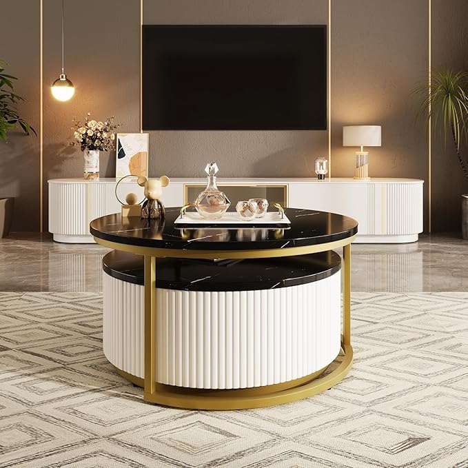 Modern Round Nesting Coffee Table Fluted with Drawer in Black & Gold in 31.5''