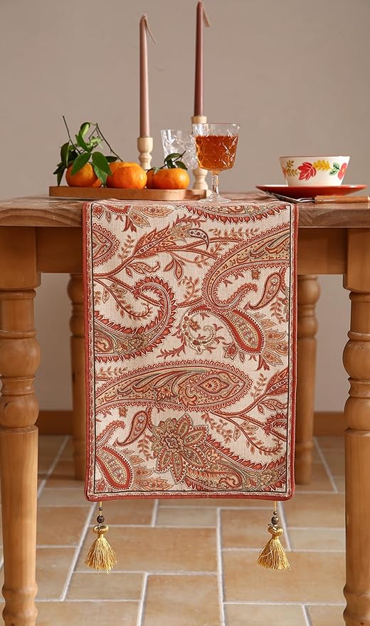 ISAENNE Designer Elegant Red Linen Table Runner 87 Inches Long,Vintage Paisley Pattern Durable Table Runners for Dining Tables,Thanksgiving,Kitchen Tables,Christmas,12"*87"-Chauffrey A