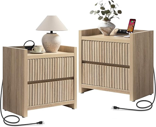 SICOTAS Fluted Night Stand Set 2 - Nightstands with Charger Station, Large Modern Bedside Table End Table with 2 Drawers, 25" Wide Farmhouse Nightstand for Bedroom (Light Oak, 2 Pieces)