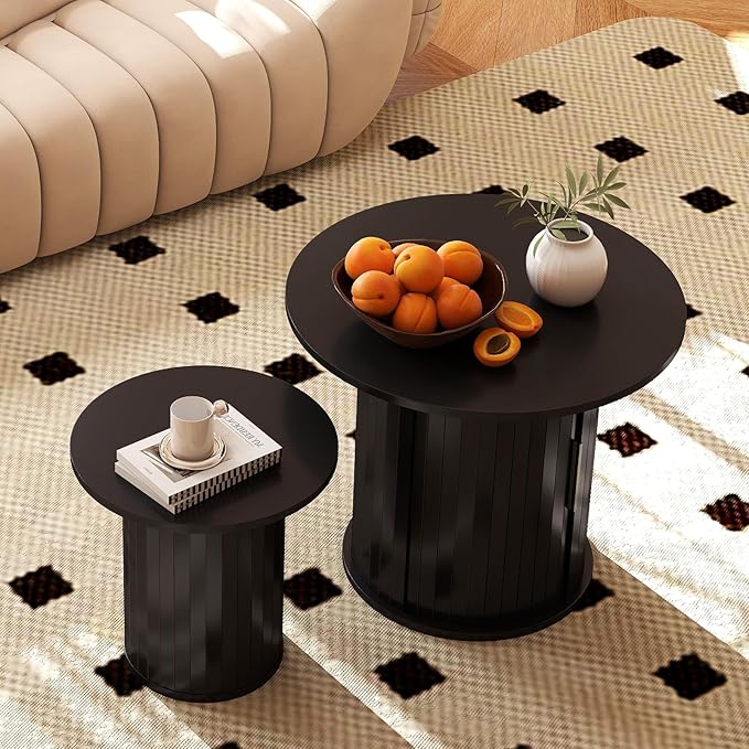 Nesting Coffee Table Set of 2 with Hidden Storage & Sliding Door, Circle Wood Coffee Table, Farmhouse Side & End Table Sets for Living Room, Small Spaces, Black