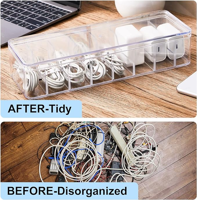 Tatuo 1 Pcs Cable Organizer Box with Wire Ties, Plastic Cord Storage Box with Lid, Electronics Organizer for Home Office Desk Organizers and Accessories (10.79'' X 3.78'' X 1.97'',Clear)