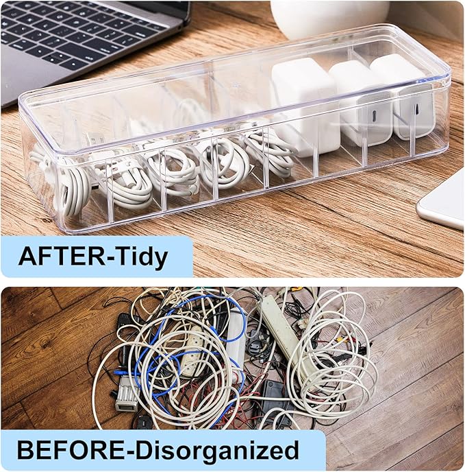 Tatuo 12 Pcs Cable Organizer Box with Wire Ties, Plastic Cord Storage Box with Lid, Electronics Organizer for Home Office Desk Organizers and Accessories (10.79'' X 3.78'' X 1.97'',Clear)
