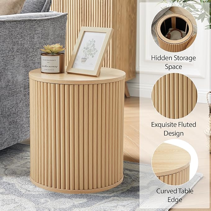 AVZEAR Fluted Round Side Table with Storage, Small End Table Modern Boho Nightstands, Circle Bedside Tables Bohemian Accent Table Wood Night Stand for Small Spaces, Living Room, Bedroom (Nature)