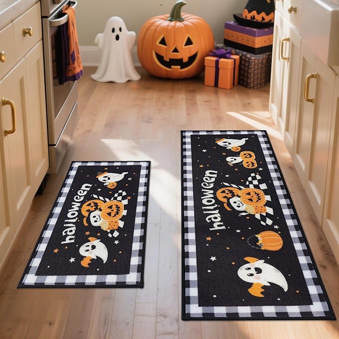JSEI Halloween Holiday Kitchen Mats for Floor, Non-Slip Ghost and Pumpkins Decorative Kitchen Rugs Set of 2, Home Decor Low-Profile Kitchen Runner Rug Washable, 17"x30"+17"x48", Ghost and Pumpkins