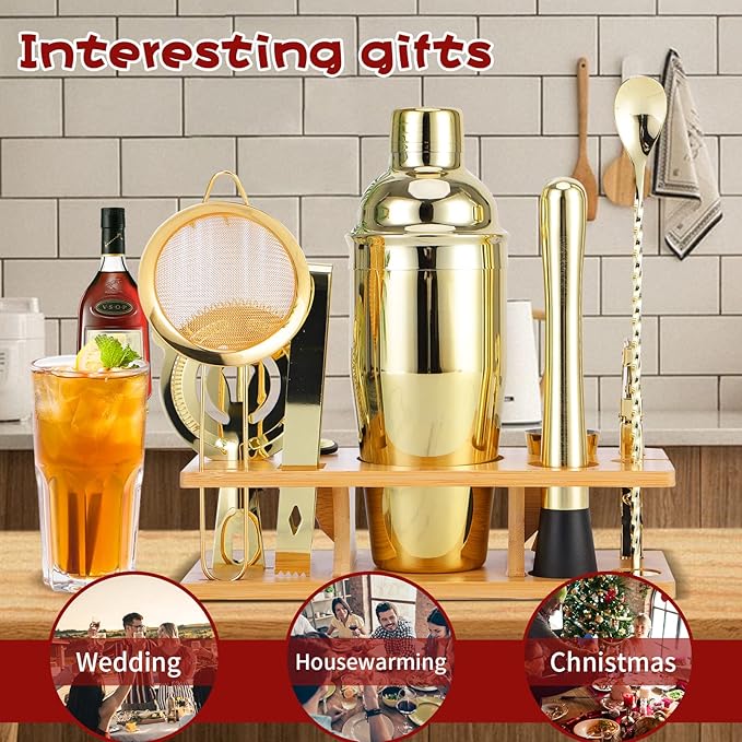 Bartender Kit 11-Piece Cocktail Shaker-Muddler for Cocktails 25oz Boston Shaker-Bar Accessories with Stylish Bamboo Stand Mix Drink Shaker kit Perfect Martini kit with Cocktail Recipes Booklet