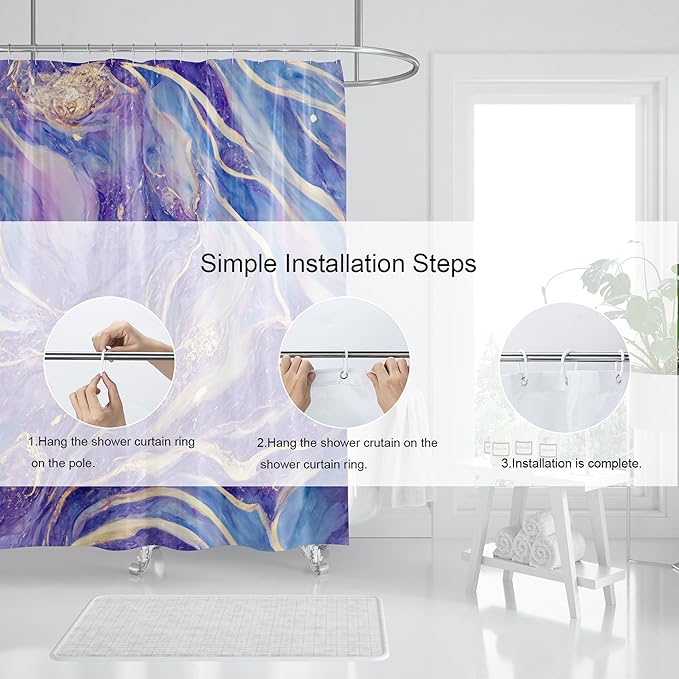 Domoku Purple Blue and Gold Marble Shower Curtain,Abstract Modern Bathroom Decor, Waterproof Washable Fabric Shower Curtain, 72 X 72