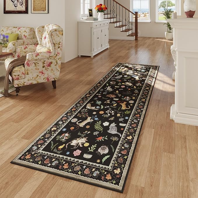 Rugcomf Runner Rug for Kitchen Non Slip 2'6''x8' Washable Rugs with Rubber Backing Soft Floral Animal Cat Carpet Runner for Kitchen Laundry Bedroom Bathroom, Black