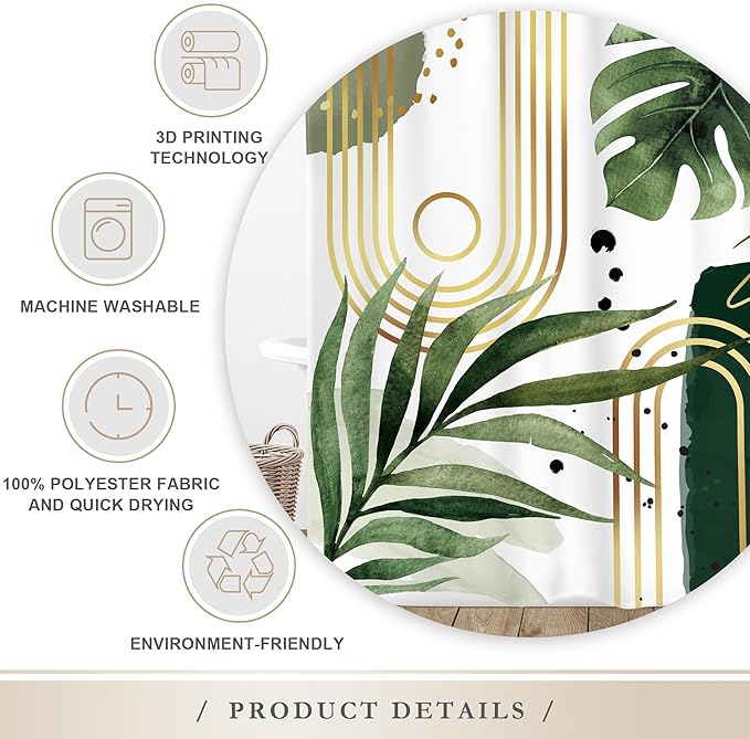Glawry Green Gold Boho Mid Century Shower Curtain Abstract Tropical Plant Minimalist Modern Geometric Palm Leaf Arch Bathroom Simple 60Wx72L Inches Bath Accessories Art Home Decor Fabric 12 Pack Hooks