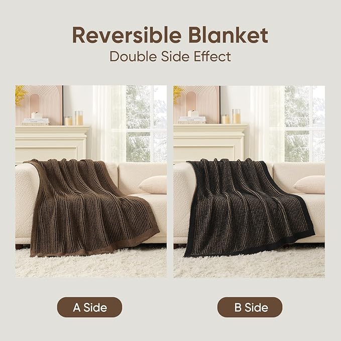 Snuggle Sac Ultra Soft Throw Blanket for Couch, Fuzzy Microfiber Knit Stripe Blankets for Couch, Sofa, Travel, Black Brown, 50x60 inches
