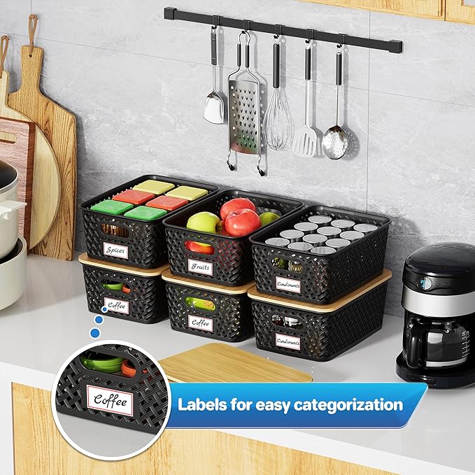 8 Packs Plastic Storage Bins with Bamboo Lids - Stackable Storage Bins Decorative Small Basket Containers for Organizing Shelves Office Classroom Desktop Closet, Black