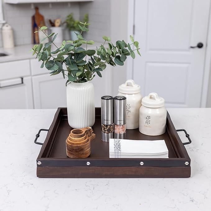 20"x20" Extra Large Square Ottoman Tray, Heavy Duty Mango Wood, for Serving Tea, Breakfast in Bed, Living Room Large Coffee Table Tray Rustic with Farmhouse Style, Decorative Handles and Accent Strap